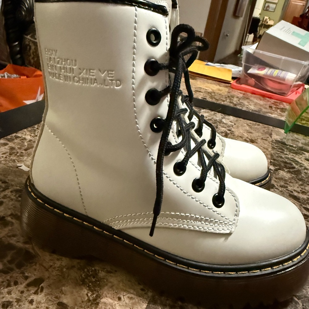 White Combat Boots Fleece Lined Black Laces